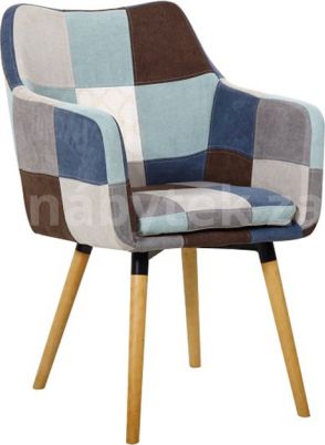 Designové křeslo LANDOR, modrá / béžová vzor patchwork / buk