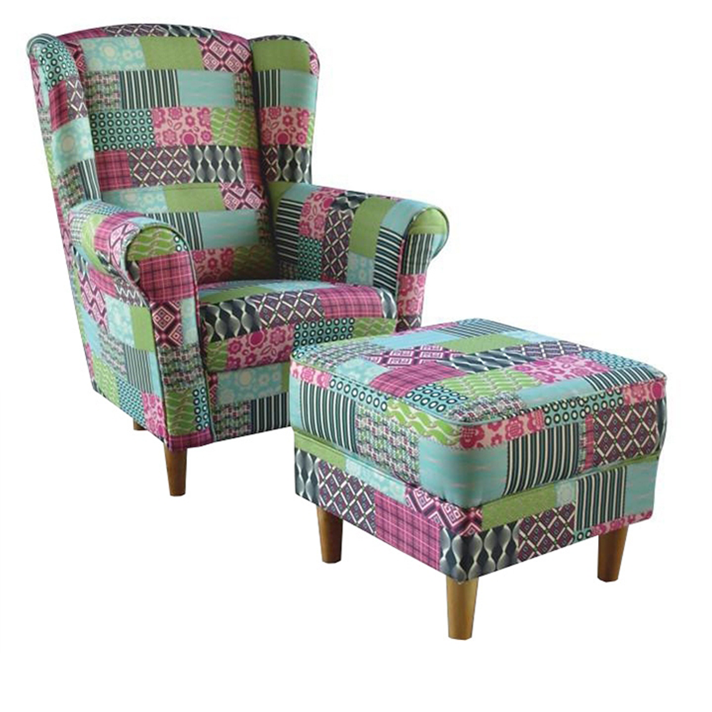 Křeslo ušák s taburetem, látka patchwork M1, ASTRID - Látka