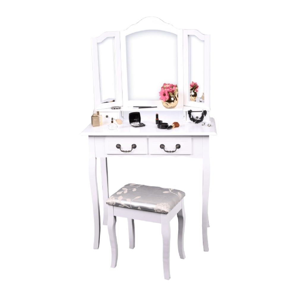 Levně Toaletní stolek s taburetem, bílá/stříbrná, REGINA NEW