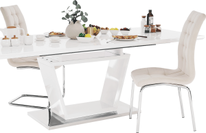 Luxusní jídelní stůl PERAK, bílá extra vysoký lesk / ocel