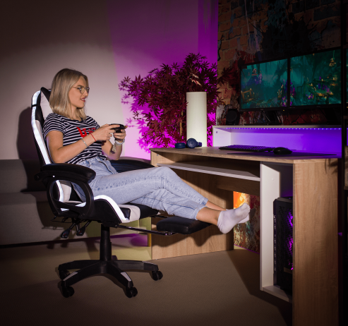 Kancelářské / herní křeslo s RGB LED podsvícením, černá / bílá, JOVELA