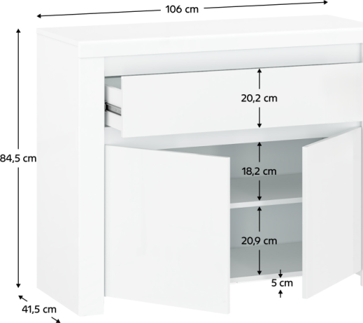 Komoda 2D1S, bílý lesk, LINDY