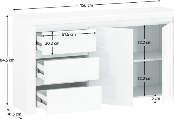 Komoda 2D3S, bílý lesk, LINDY