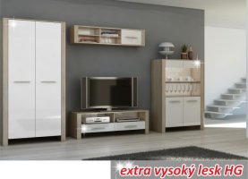 Komoda s barem, dub sonoma/bílý extra vysoký lesk HG, BIANCA 5