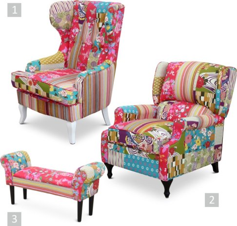 Designová lavice DIMO Typ 3, látka patchwork