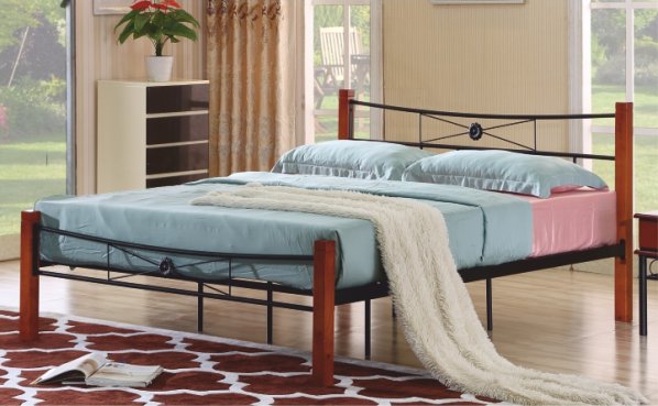 Manželská kovová postel, s roštem, kov + dřevo-třešeň, 160x200, AMARILO