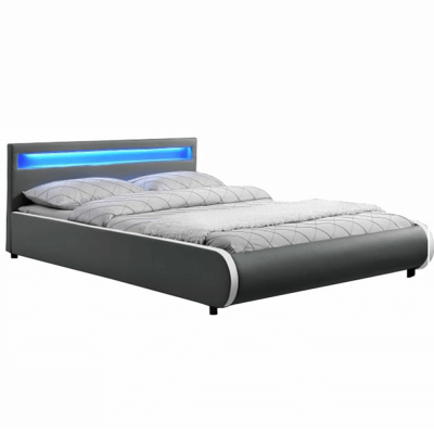Manželská postel DULCEA s RGB LED osvětlení, 180x200 cm, šedá ekokůže