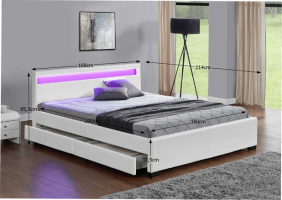 Manželská postel s úložným prostorem CLARETA 160x200 cm, RGB LED osvětlení, bílá ekokůže