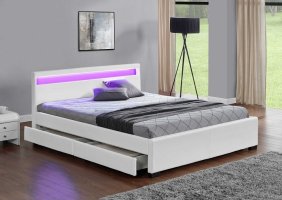 Manželská postel s úložným prostorem CLARETA 160x200 cm, RGB LED osvětlení, bílá ekokůže
