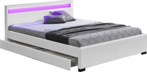 Manželská postel s úložným prostorem CLARETA 180x200 cm, RGB LED osvětlení, bílá ekokůže