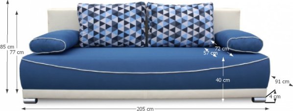 Rozkládací pohovka DINAR s úložným prostorem, látka modrá / béžová / polštáře vzor