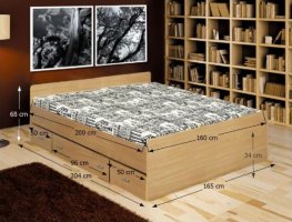 Dvoulůžková postel se zásuvkami DUET 160x200 cm, buk