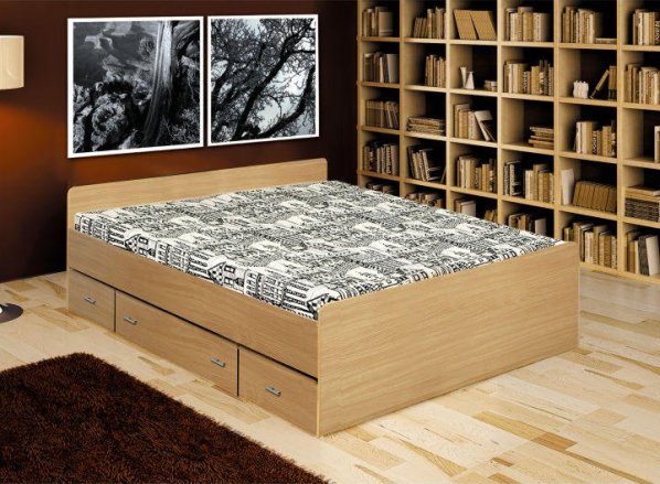 Dvoulůžková postel se zásuvkami DUET 160x200 cm, buk