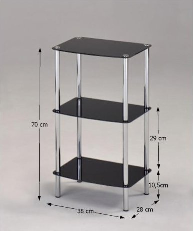 Skleněný regál BORGIR se 3 poličkami, chrom, černé sklo
