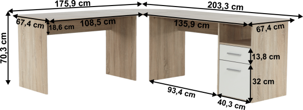 Rohový PC stůl MAURUS, dub sonoma/bílá