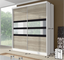 Dvoudveřová skříň, 183x218, s posuvnými dveřmi, bílá/černé sklo/dub sonoma, MULTI 10