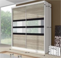 Dvoudveřová skříň, 233x218, s posuvnými dveřmi, bílá/dub sonoma/černé sklo/zrcadlo, MULTI 10